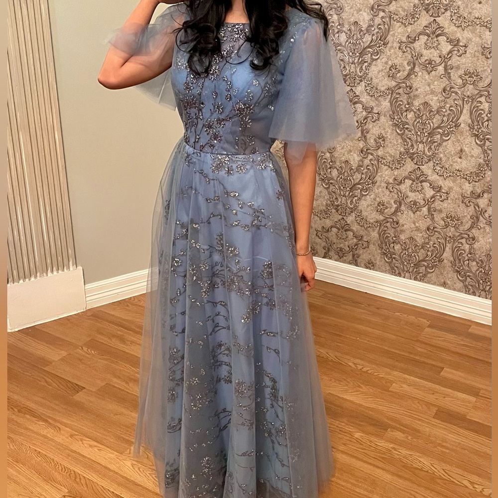 Icy Blue Ballgown Chiffon Glitter Floral Wedding Guest Dress Prom Dress